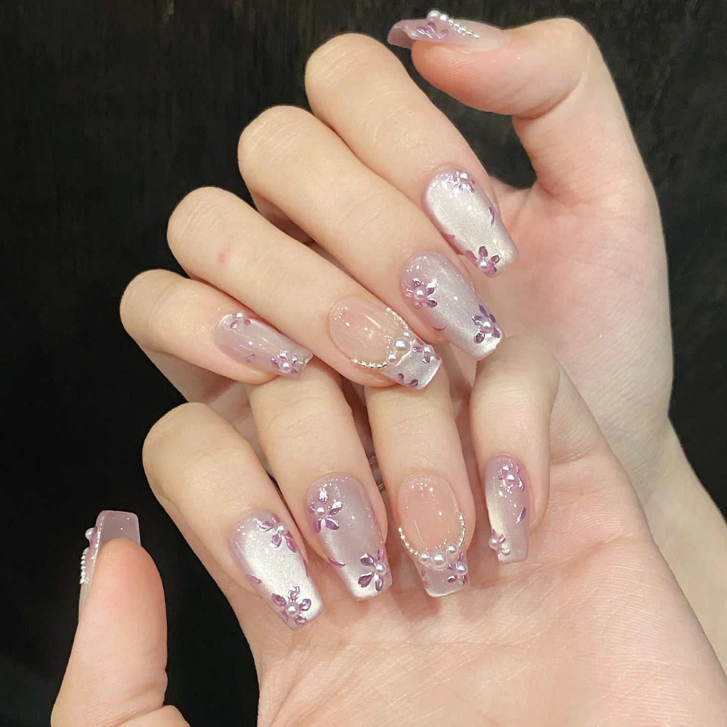 10pcs Handmade Purple Cat Eye Press on Nails Summer Flowers Pearl Design Fake Nails Wearable Detachable Glitter False Nail Tips Peaceful Pleasures Health and Wellness