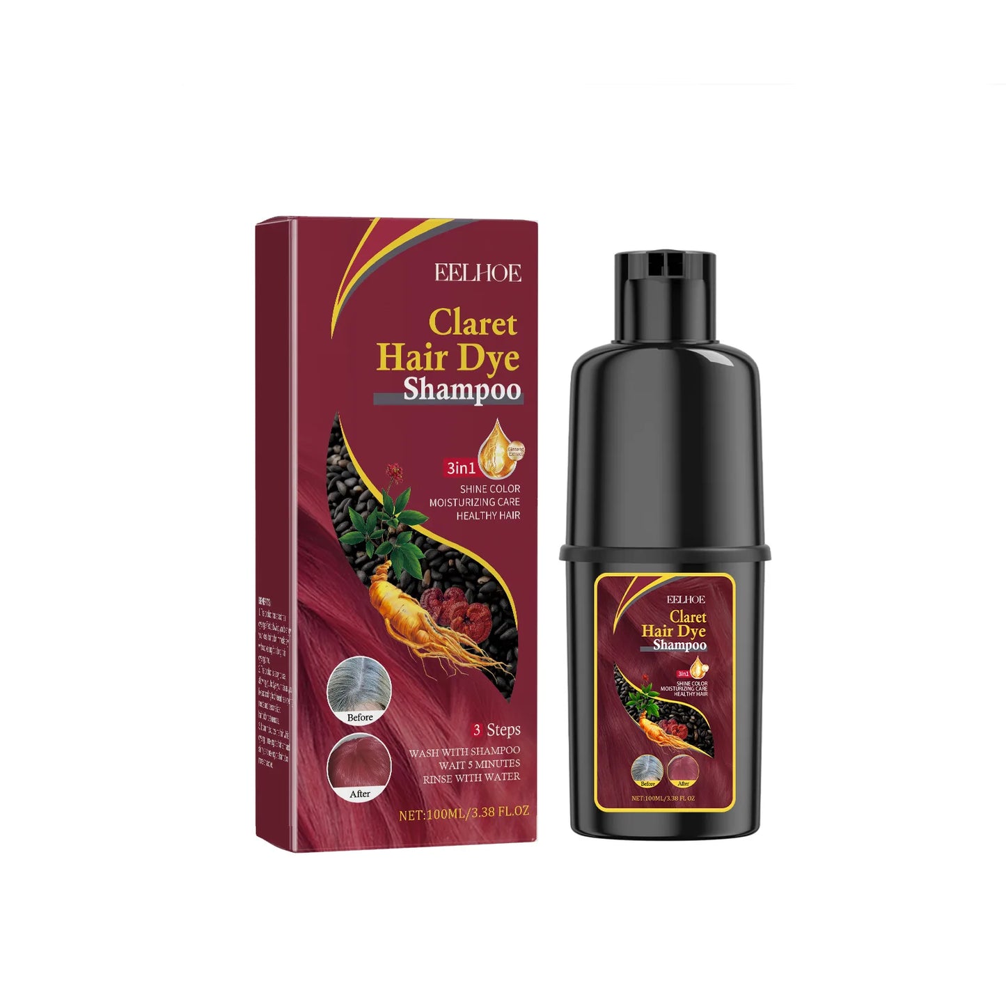 3-in-1 Hair Darkening & Color Restore Shampoo – Natural Black Hair Dye Treatment 100ml Peaceful Pleasures Health and Wellness Claret