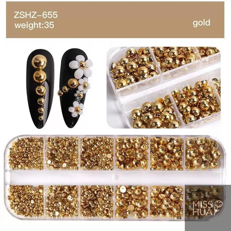 12-Grid Pearl Nail Charms Set – Gold & Silver Semi-Circular