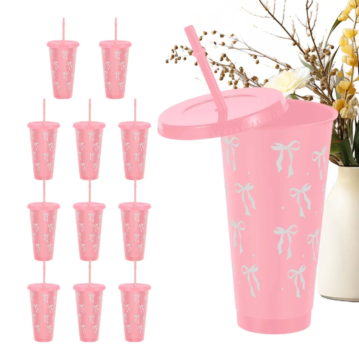 12-Pack Reusable Bow Tumbler Cups with Straw & Lid | 24oz
