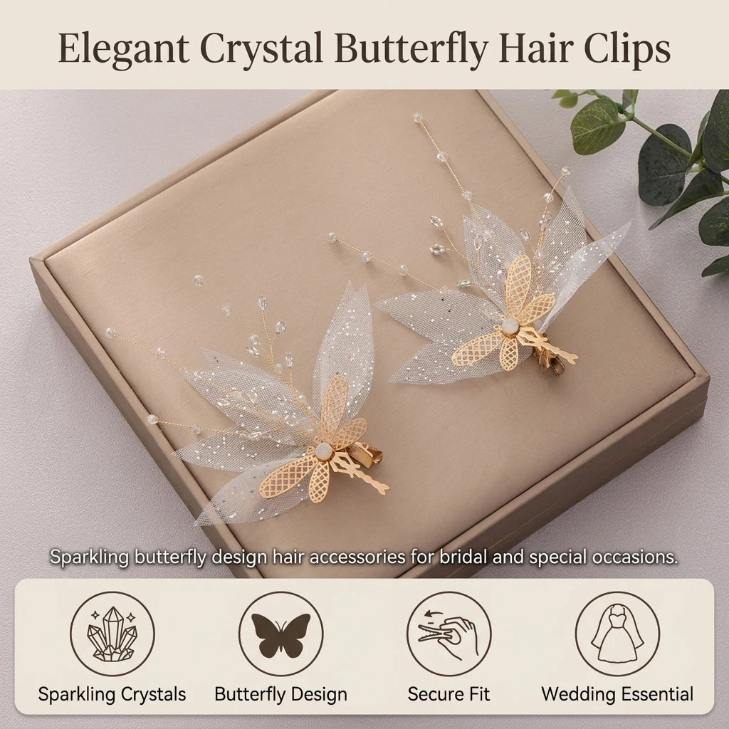 Crystal Butterfly Hair Clips Pair Alloy Mesh Rhinestone Design For Wedding Party Daily Use Peaceful Pleasures Health and Wellness