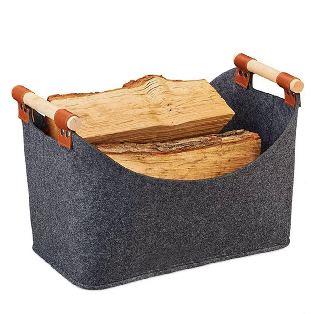Foldable Felt Basket with Wooden Handles – 57L Firewood Storage