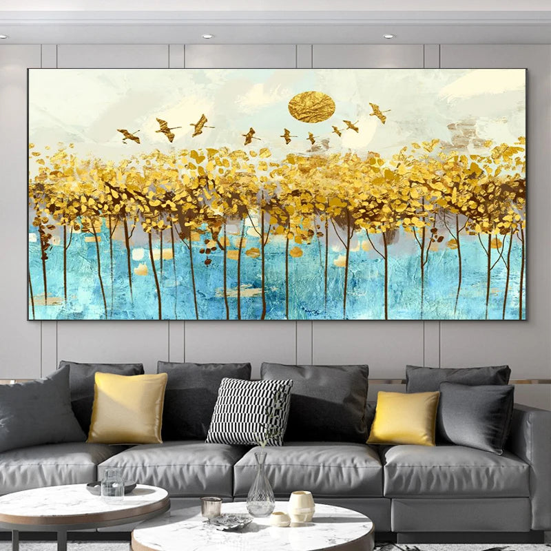 Abstract Leaves Oil Painting Print On Canvas Texture Golden and Silver Trees Wall Art Modern Home Decor Living Room Wall Decor Peaceful Pleasures Health and Wellness black golden-7 50x100cm