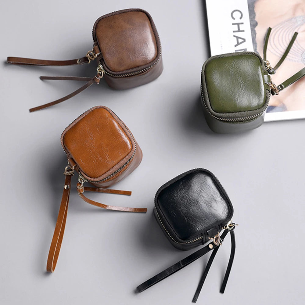 Leather Square Storage Bag Portable Hanging Zero Wallet Mini Makeup Bag Coin Holder Headphone Organizer Travel Essential Peaceful Pleasures Health and Wellness
