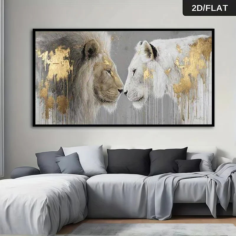 2D Flat, Frameless Large Modern Canvas Poster Lions Artwork, Minimalist Gray Golden Animal Decoration for Living Rooms, Bedrooms Peaceful Pleasures Health and Wellness