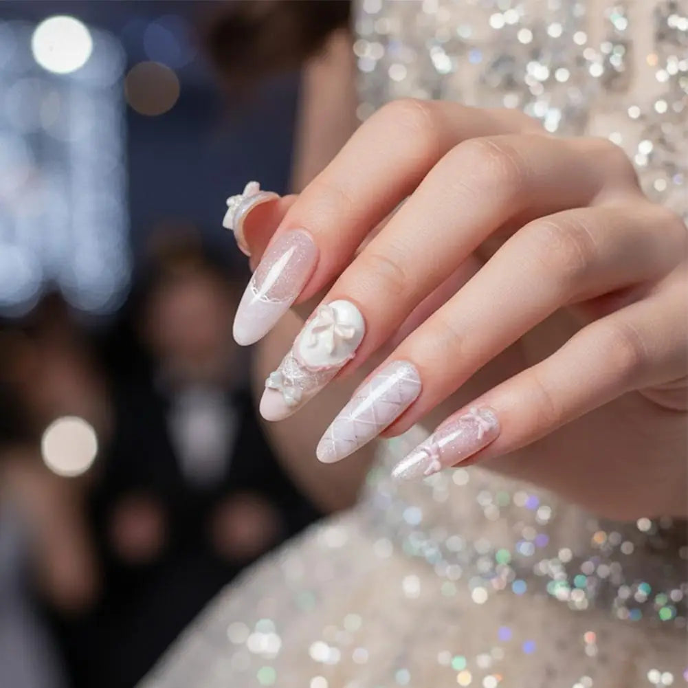 Gentle Sweet Lovely Handmade Long Coffin Ellipse French Full Cover Nail Flower Bowknot Star Cat Eyes Diamond Pearl Press On Nail Peaceful Pleasures Health and Wellness