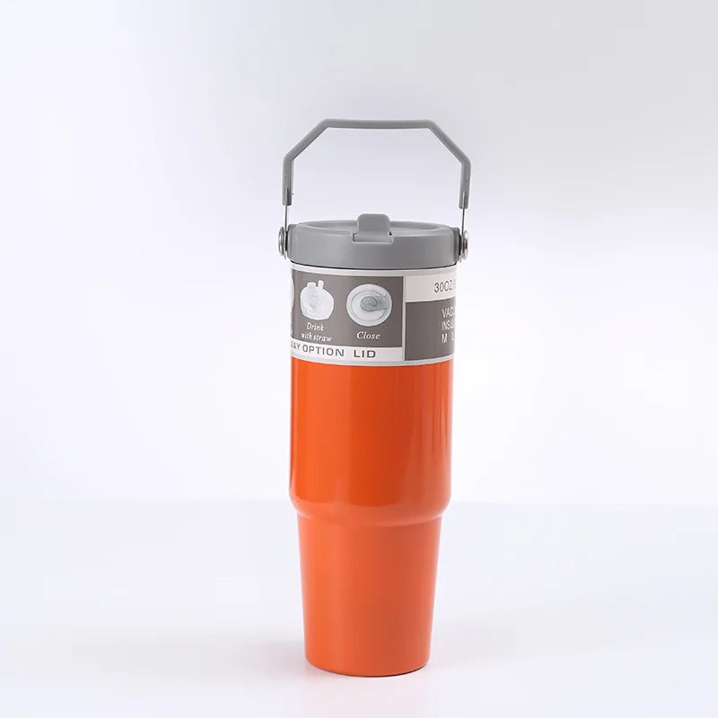 30OZ Portable Car Cup Stainless Steel Thermos Cup with Straw Travel Sports Water Bottle With Handle Cover Coffee Vacuum Flask Peaceful Pleasures Health and Wellness Orange 801-900ml