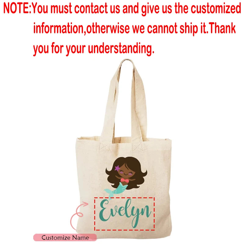 Personalized Mermaid Canvas Tote Bag | Custom Kids Party Gift Personalized Tote Bag Peaceful Pleasures Health and Wellness custom E 20x22cm