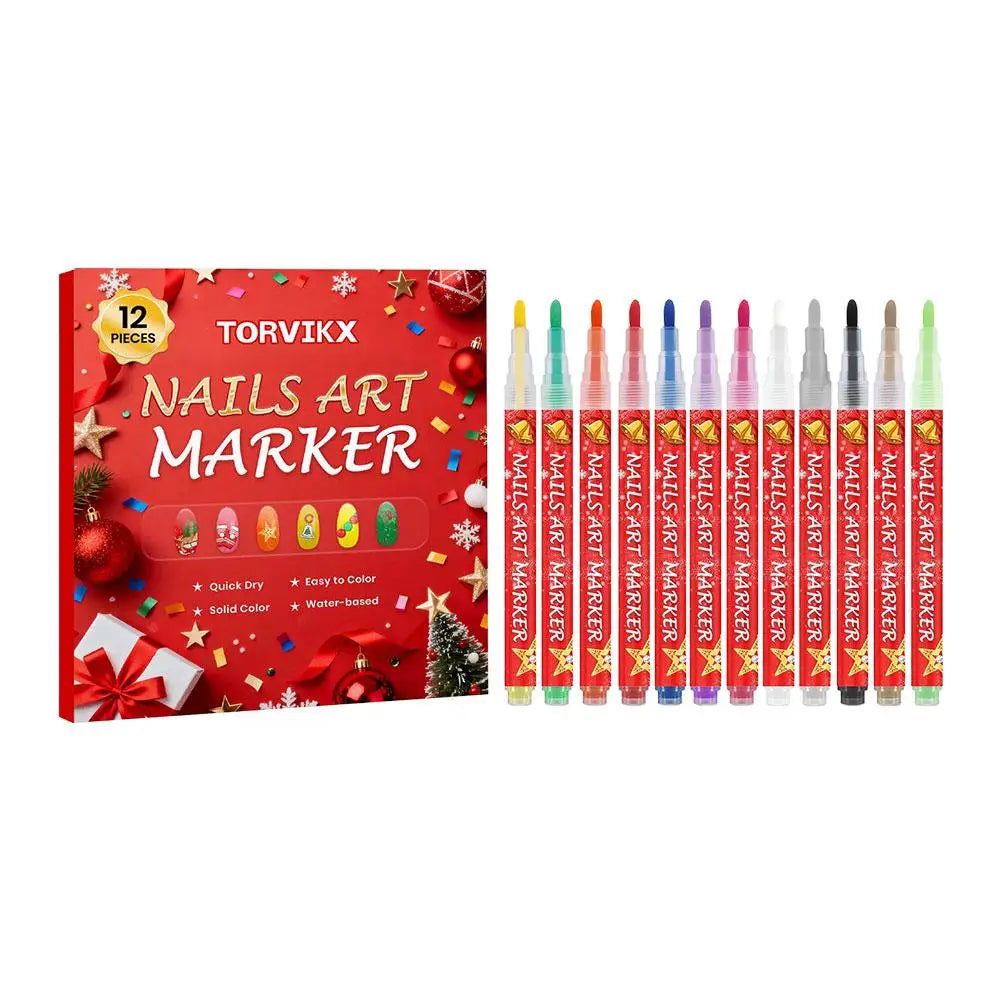 12-Piece Christmas Nail Art Pen Set – Fine Tip Quick-Dry