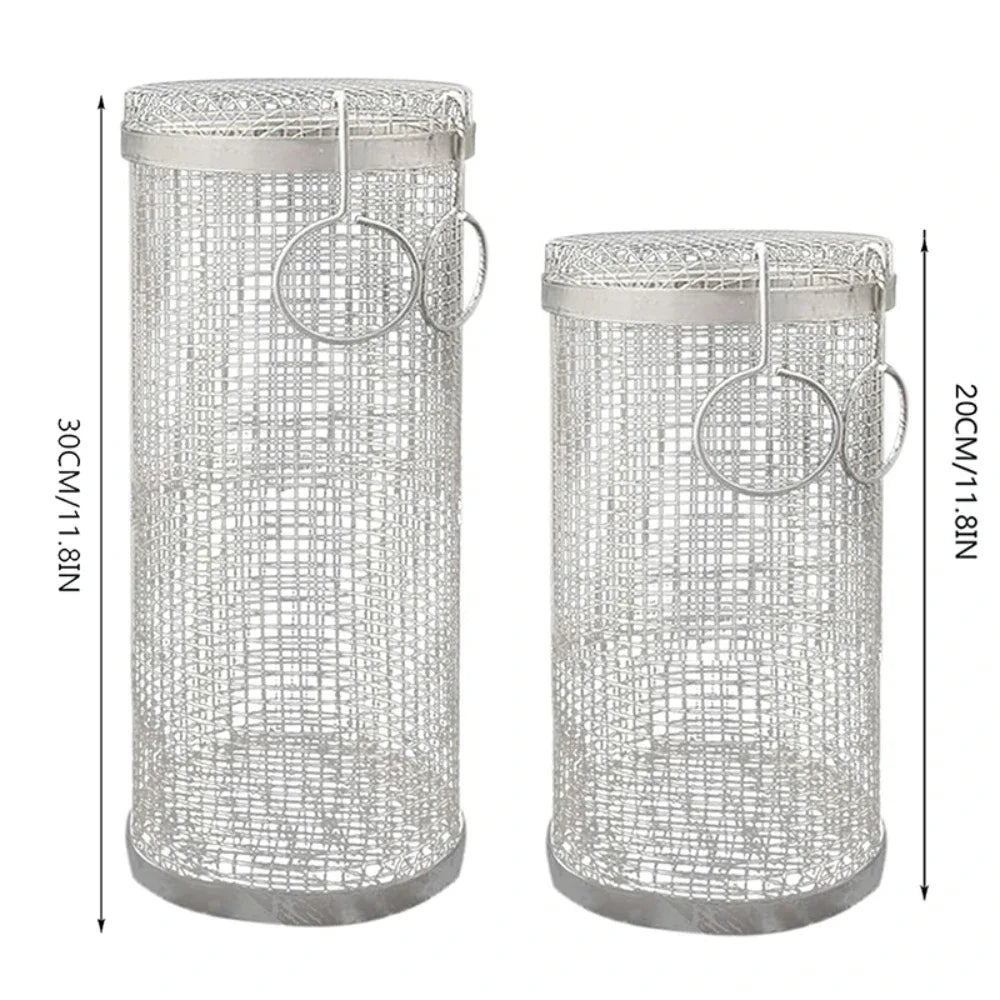 BBQ Basket Stainless Steel Rolling Grilling Basket Cylinder Grill Basket Portable Round Outdoor Camping Barbecue Rack with Lid Peaceful Pleasures Health and Wellness