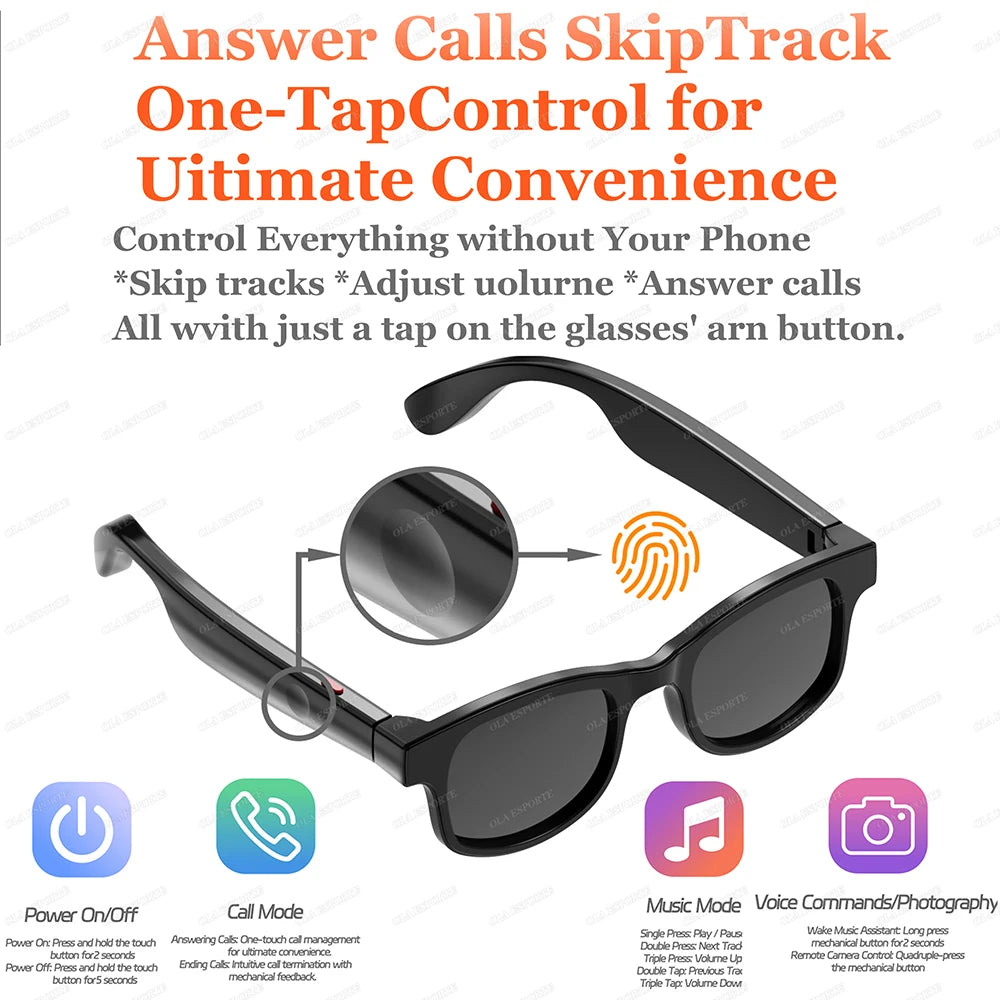 Men Women Smart Glasses Multi-functional BT Call Remote Photo Capture Voice Assistant Outdoors UV-Protective Smart Sunglasses Peaceful Pleasures Health and Wellness