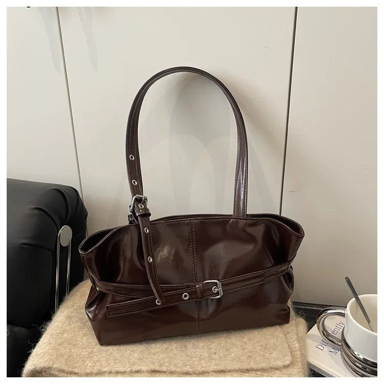 New Korean Style High End Commuting Shoulder Bag Large Capacity Niche Handbag Fashionable All Match Tote Versatile Commuting Bag Peaceful Pleasures Health and Wellness Coffee