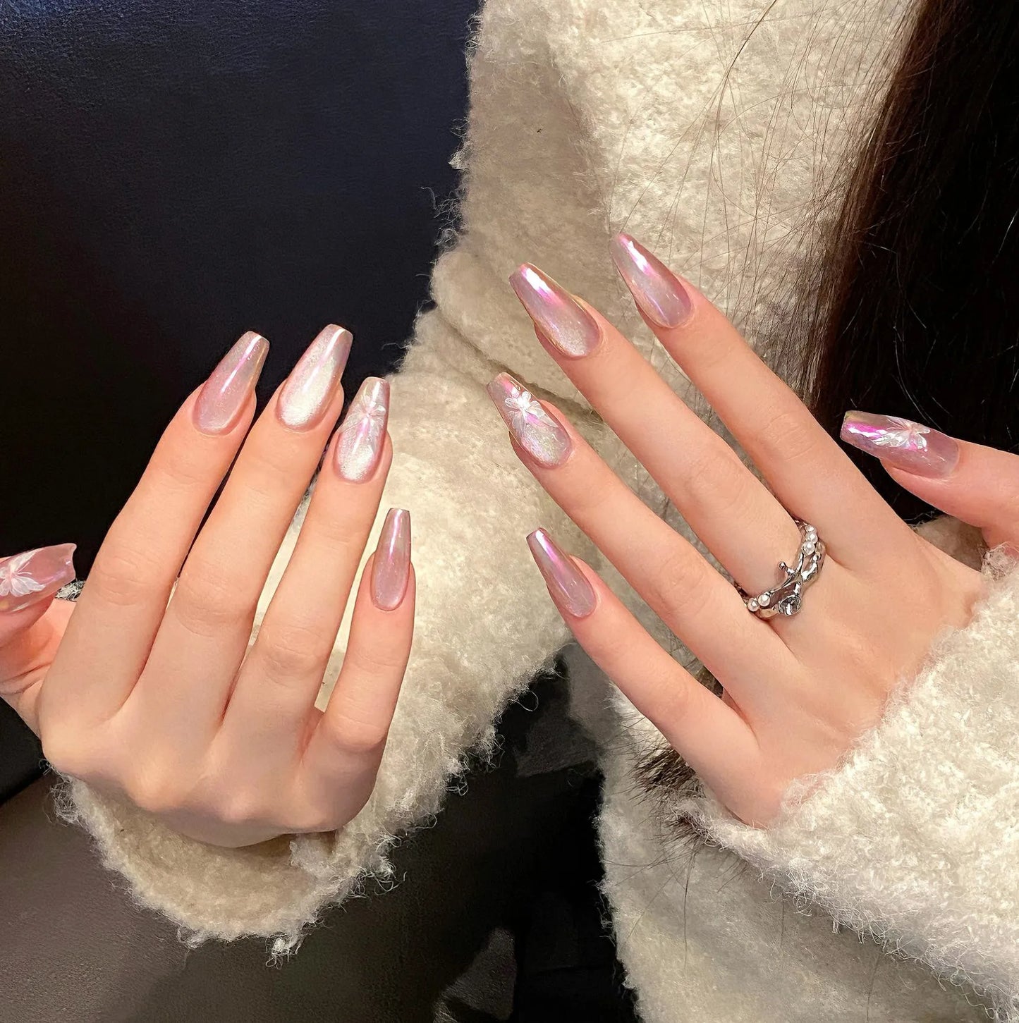 Handmade Press on Nails Purple Aurora Butterfly Mirror Fake Nail Tips Women Girl Wearable Short/Mid-length Coffin False Nails Peaceful Pleasures Health and Wellness XS 1