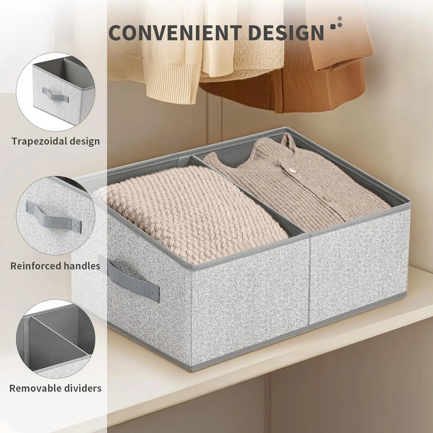 Gray storage bin with clothes on a shelf, featuring trapezoidal design, reinforced handles, and removable dividers.