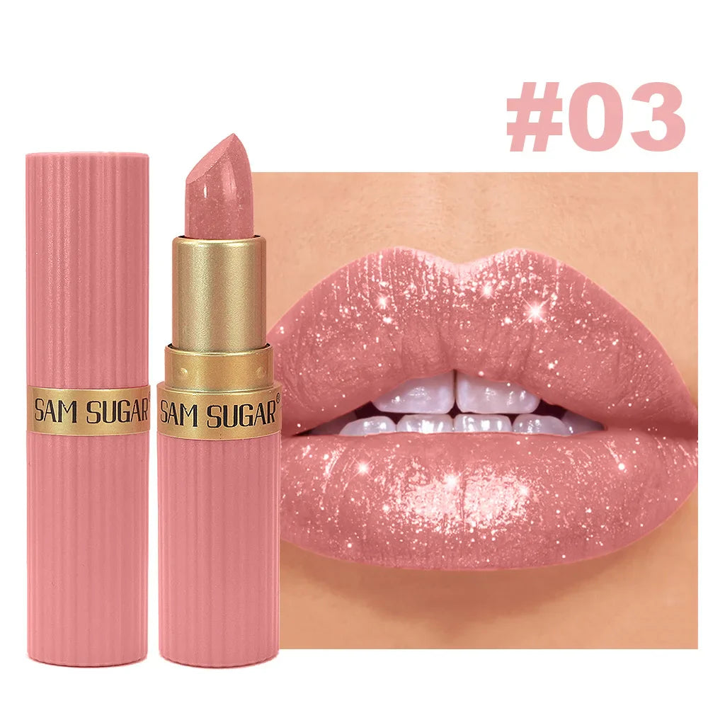 SAM SUGAR Metallic Glitter Lipstick – Shimmer Pearl Lip Gloss
