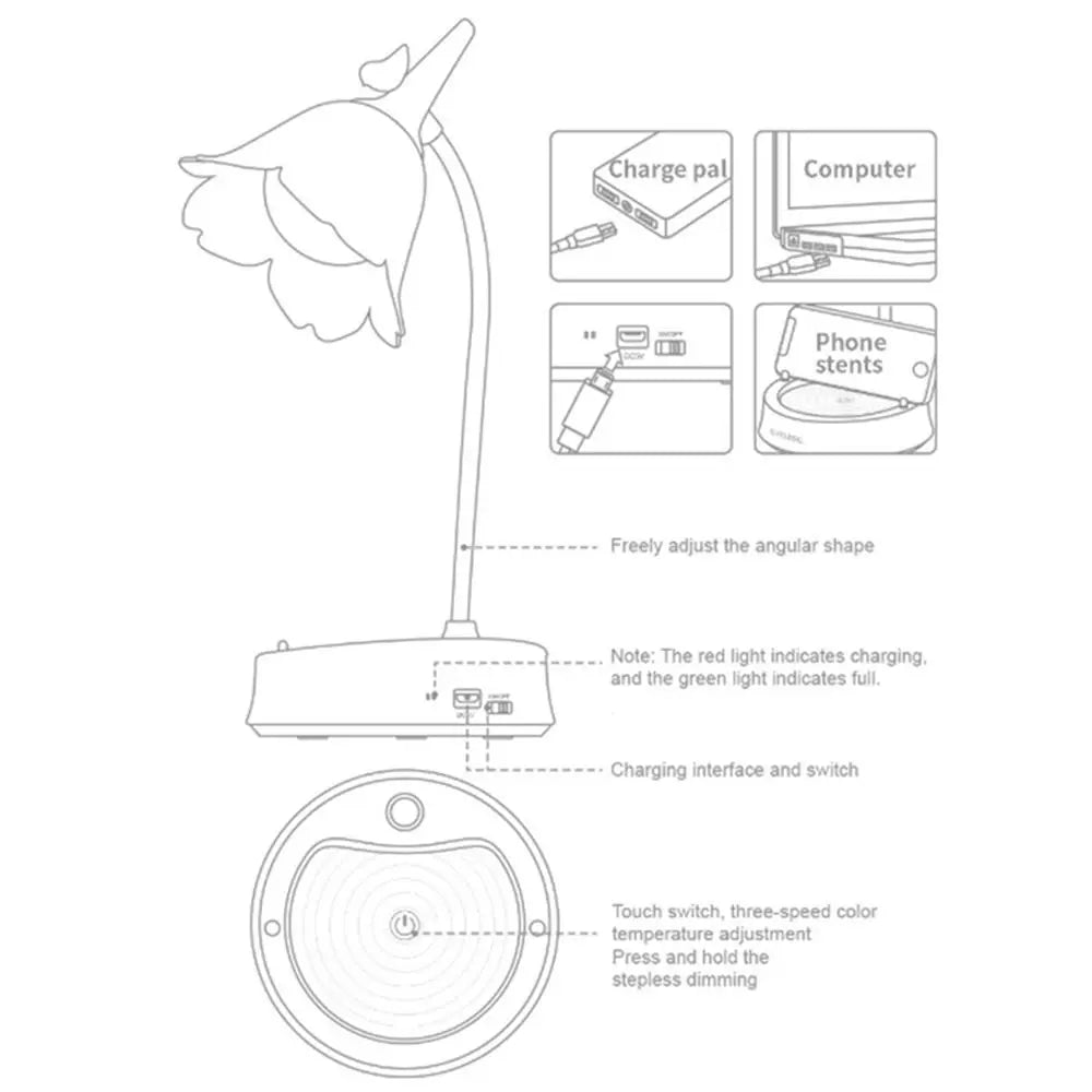 Flower LED Desk Lamp | Touch Dim, 3 Colors, USB Rechargeable