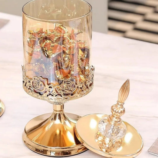 European Crystal Glass Candy Jar | Gold-Plated Lid Home Decor Decorative Storage Jar Peaceful Pleasures Health and Wellness