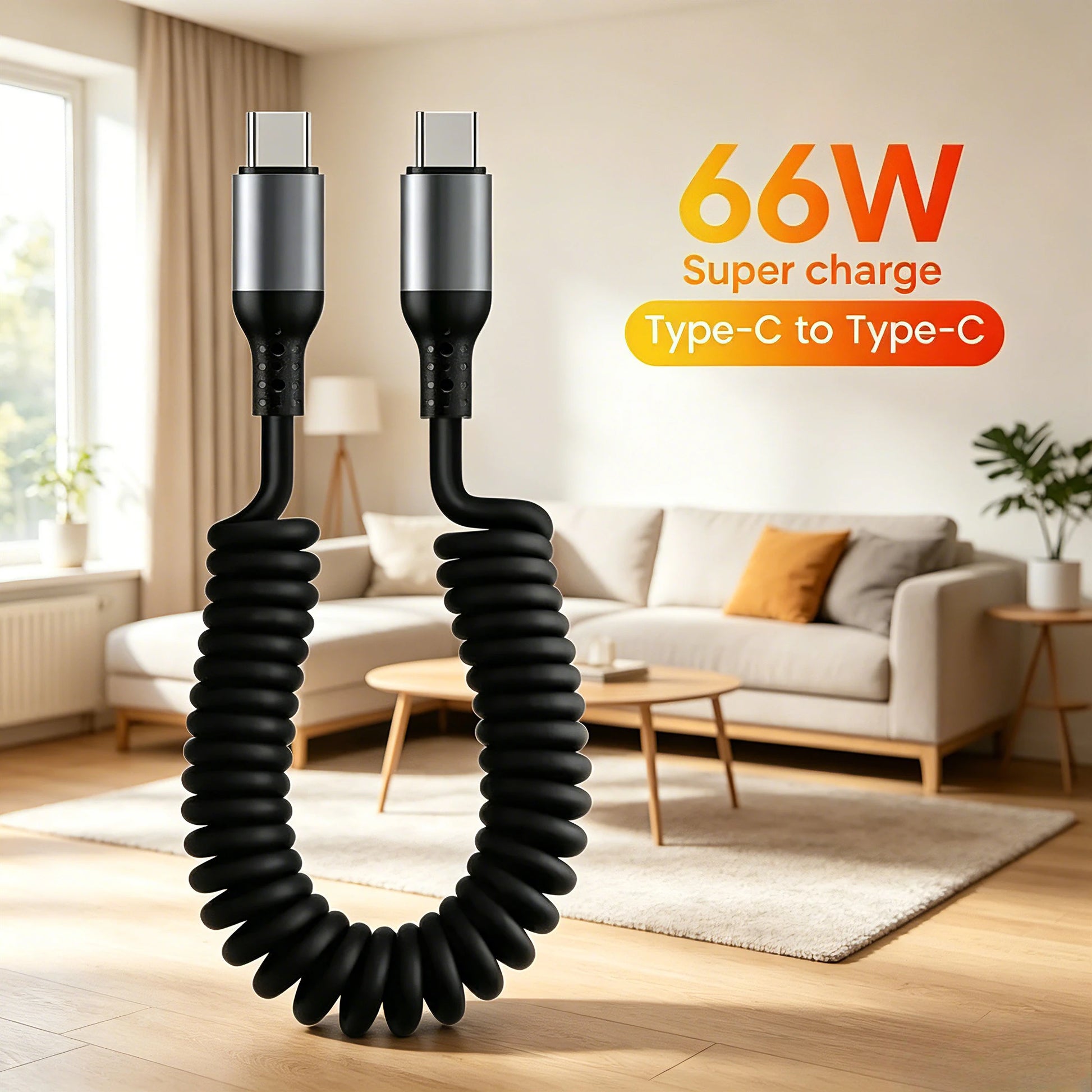 100W USB-C Coiled Fast Charging Cable – Retractable 6A Spring Peaceful Pleasures Health and Wellness