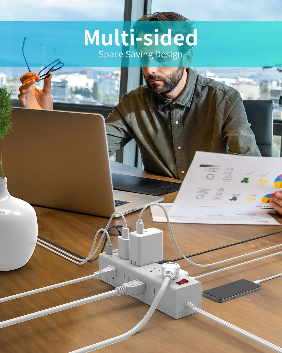 PASSUS 3-Way Power Strip with PD20W Fast Charging & Safety Switch Peaceful Pleasures Health and Wellness