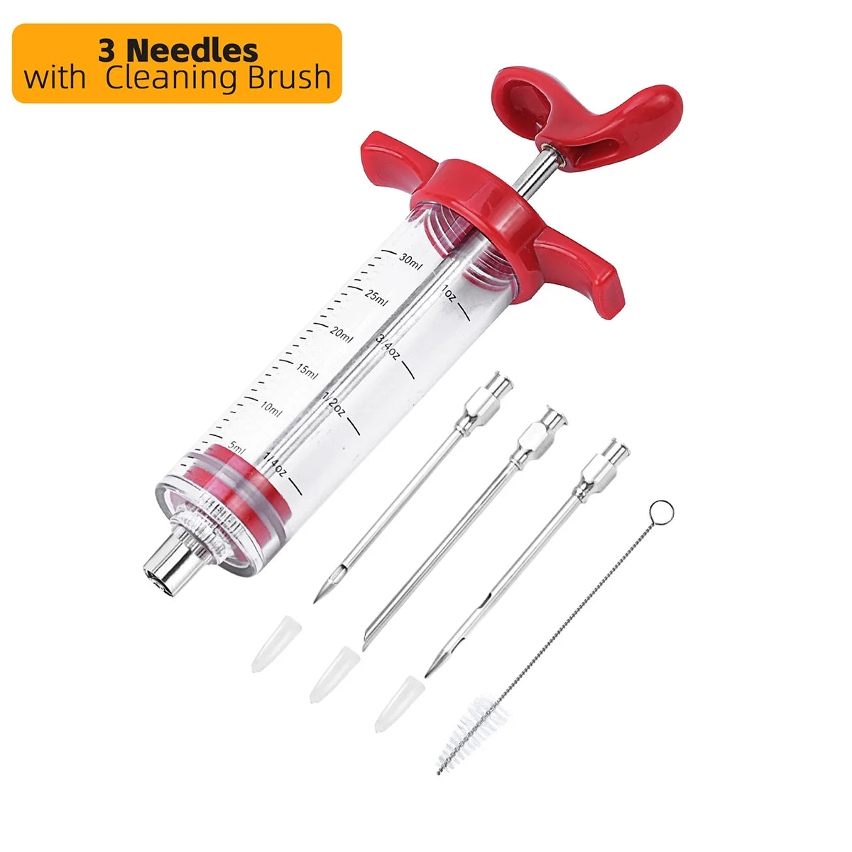 Turkey Injector Syringe - 3 Marinade Injector Needles, 1oz Meat Injector Syringe with Cleaning Brush, Easy to Use & Clean Peaceful Pleasures Health and Wellness 3 Needles Red