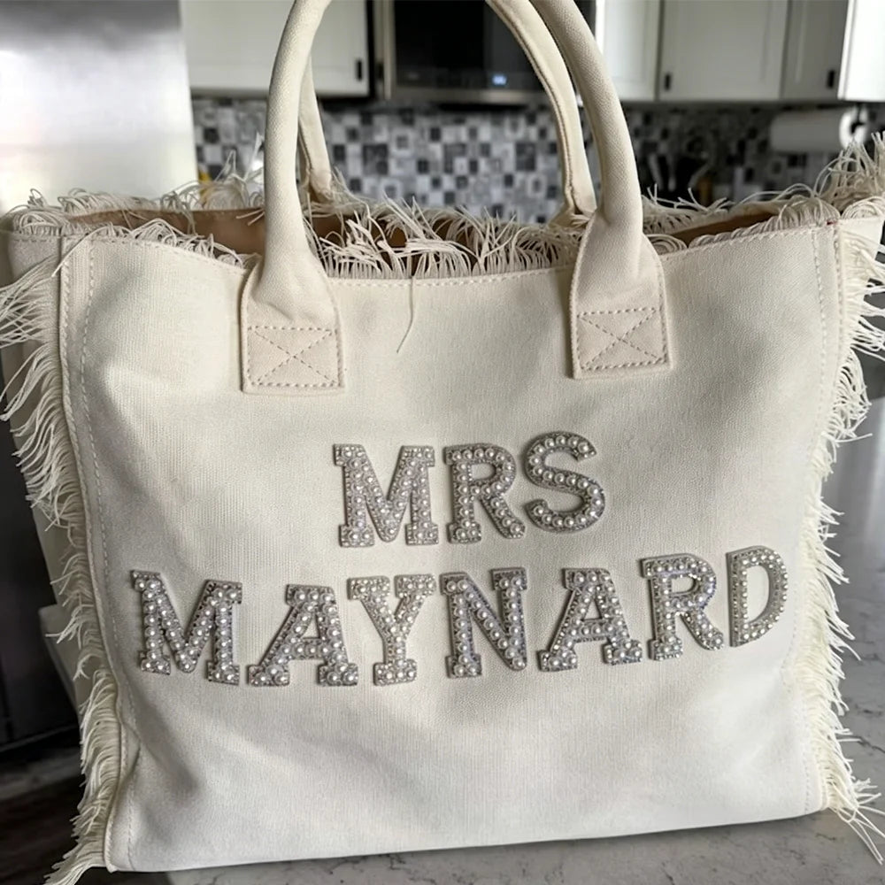 Pearl Letters Bride Tote Bag | Personalized Bridal Shower Gift Bridal Tote Bag Peaceful Pleasures Health and Wellness