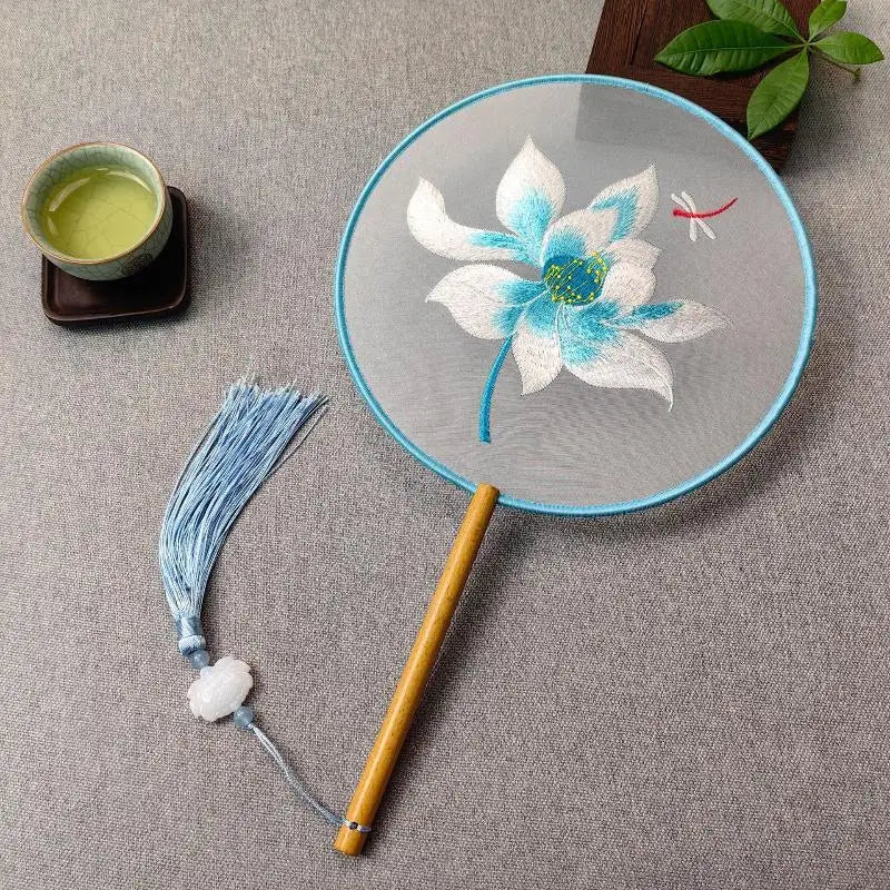 Su Embroidery Silk Round Hand Fan – Wooden Handle & Tassel