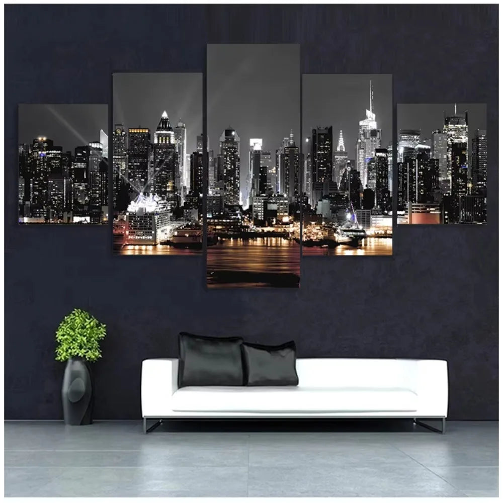 Canvas Painting Wall Art 5 Pieces New York City Construction Scenery Pictures Prints Night View Poster Home Decor Modular Framed Peaceful Pleasures Health and Wellness