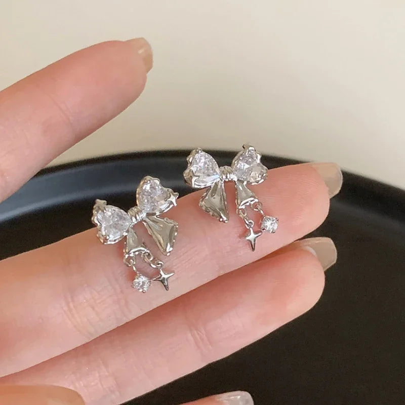 Japanese Korean Style Sweet Bow Zircon Earrings Women Niche Design Premium Jewelry Fashion Temperament Trendy Accessories Gift Peaceful Pleasures Health and Wellness White