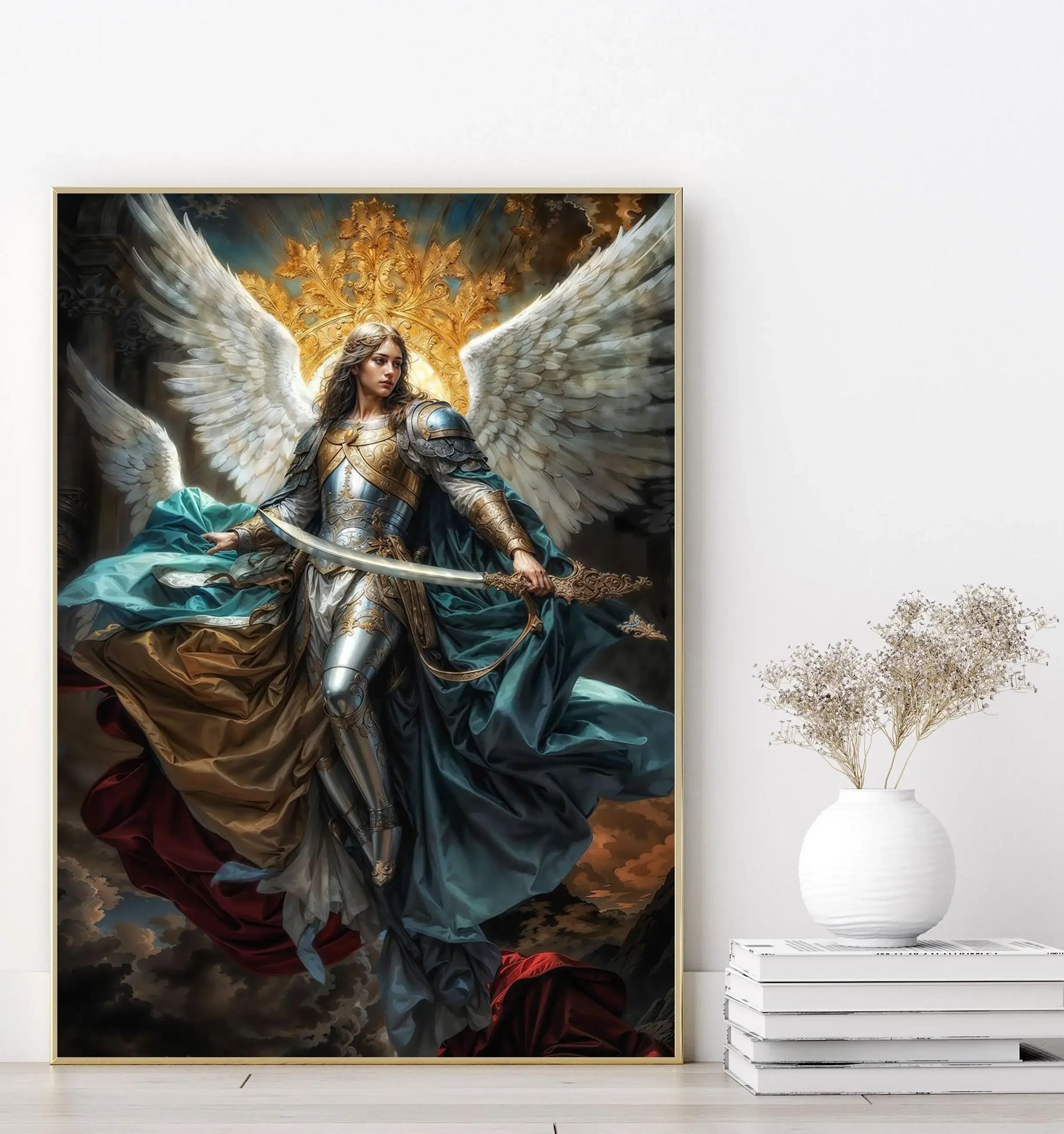 Nordic Religious Art Benevolent Portrait Of The Virgin Mary Archangel Canvas Painting, Wall Art for Living Room Home Decor Peaceful Pleasures Health and Wellness