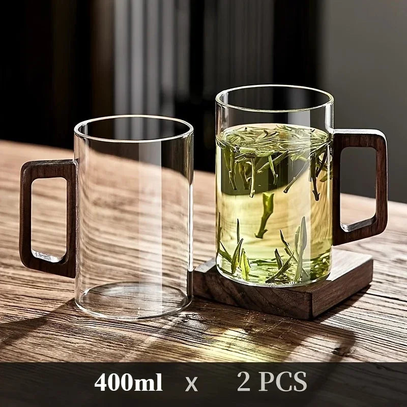 400ml Walnut Handle Glass Cup Heat-resistant Cup for Home Use Tea Making Cup Office Drinking Cup Peaceful Pleasures Health and Wellness 2PCS Transparent 400ML
