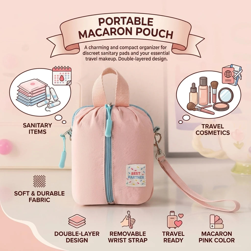 Macaron Color Sanitary Pad Storage Pouch Compact Waterproof Travel Cosmetic Bag for Women with Zipper for Toiletries Peaceful Pleasures Health and Wellness