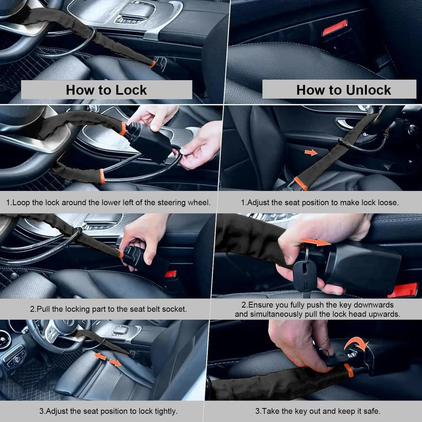 Universal Anti-theft Device Car Steering Wheel Lock Safety Belt Buckle Lock Steel Cable Lock Steel Wire Rope Lock Car Security Peaceful Pleasures Health and Wellness