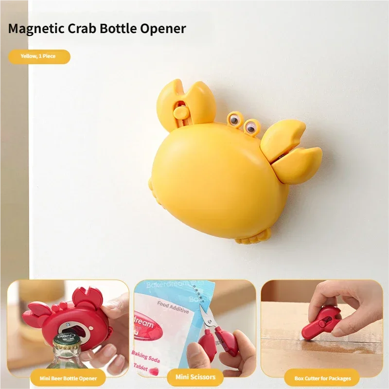 Crab Magnetic Bottle Opener 4-in-1 Kitchen Tool Set Beer Opener, Mini Scissors, Box Cutter, Fridge Magnet, Cute Cartoon Gadget Peaceful Pleasures Health and Wellness YELLOW