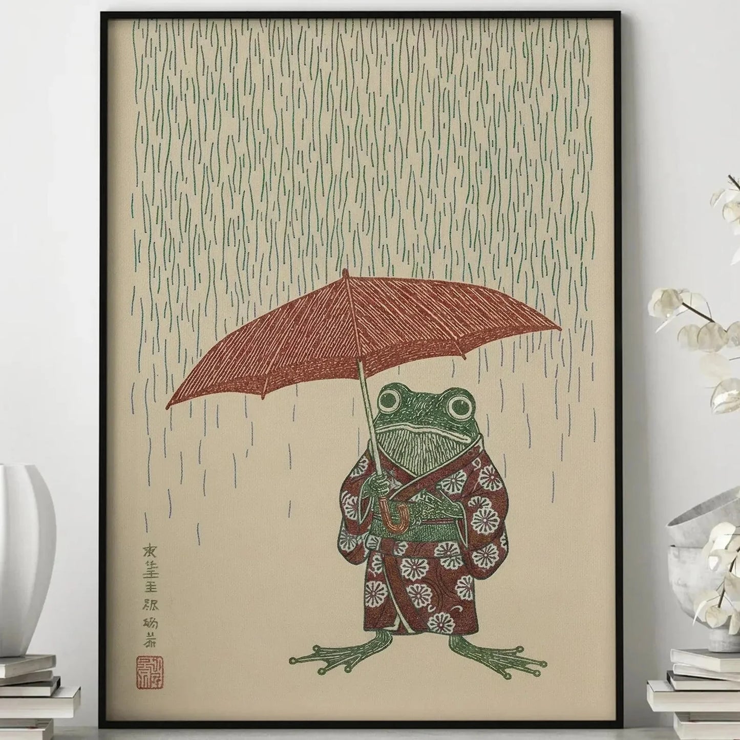 Japanese Frog with Umbrella Poster, Art Print Home Decor Frameless Canvas Art Wall Decoration Poster Peaceful Pleasures Health and Wellness ZLH10743 20x30cm