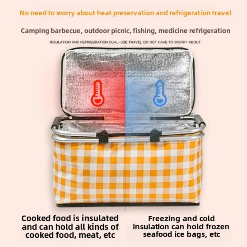 Large Capacity Insulated Picnic Basket Portable Foldable Leak Proof Aluminum Foil Thermal Bag for BBQ Camping Travel Outdoor Peaceful Pleasures Health and Wellness