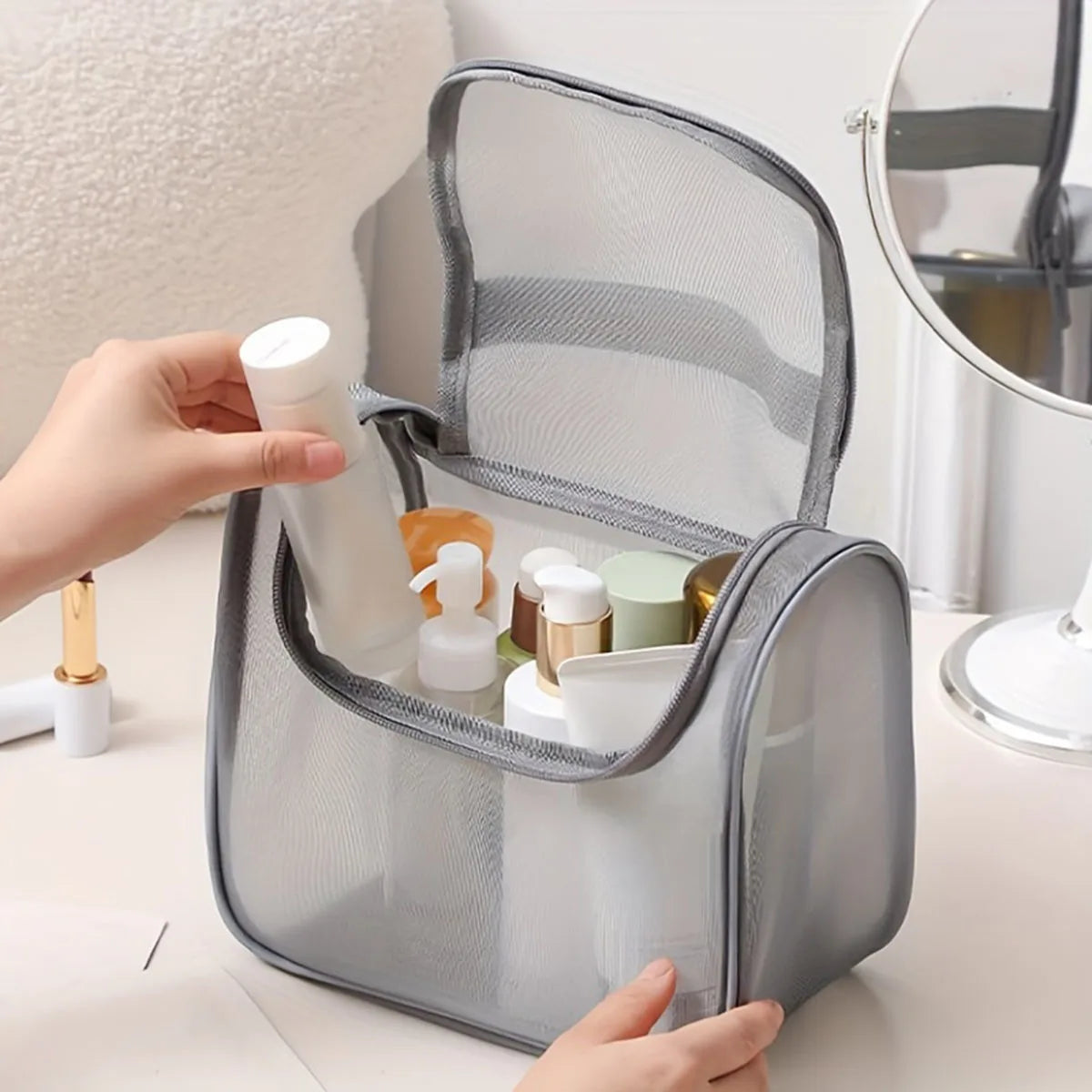 Transparent Mesh Cosmetic Bag – Travel Toiletry Organizer