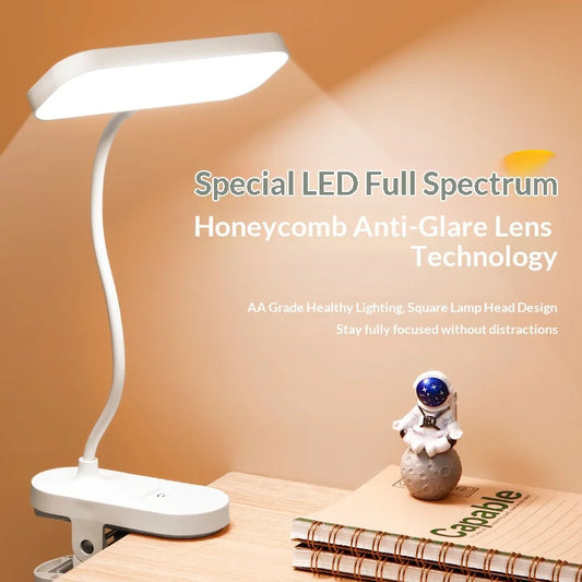 USB Rechargeable Clip-on LED Desk Lamp, Eye-Caring Reading Light for Students, Dorm Bedroom Desk Study Office Portable Lamp Peaceful Pleasures Health and Wellness Warm White WHITE
