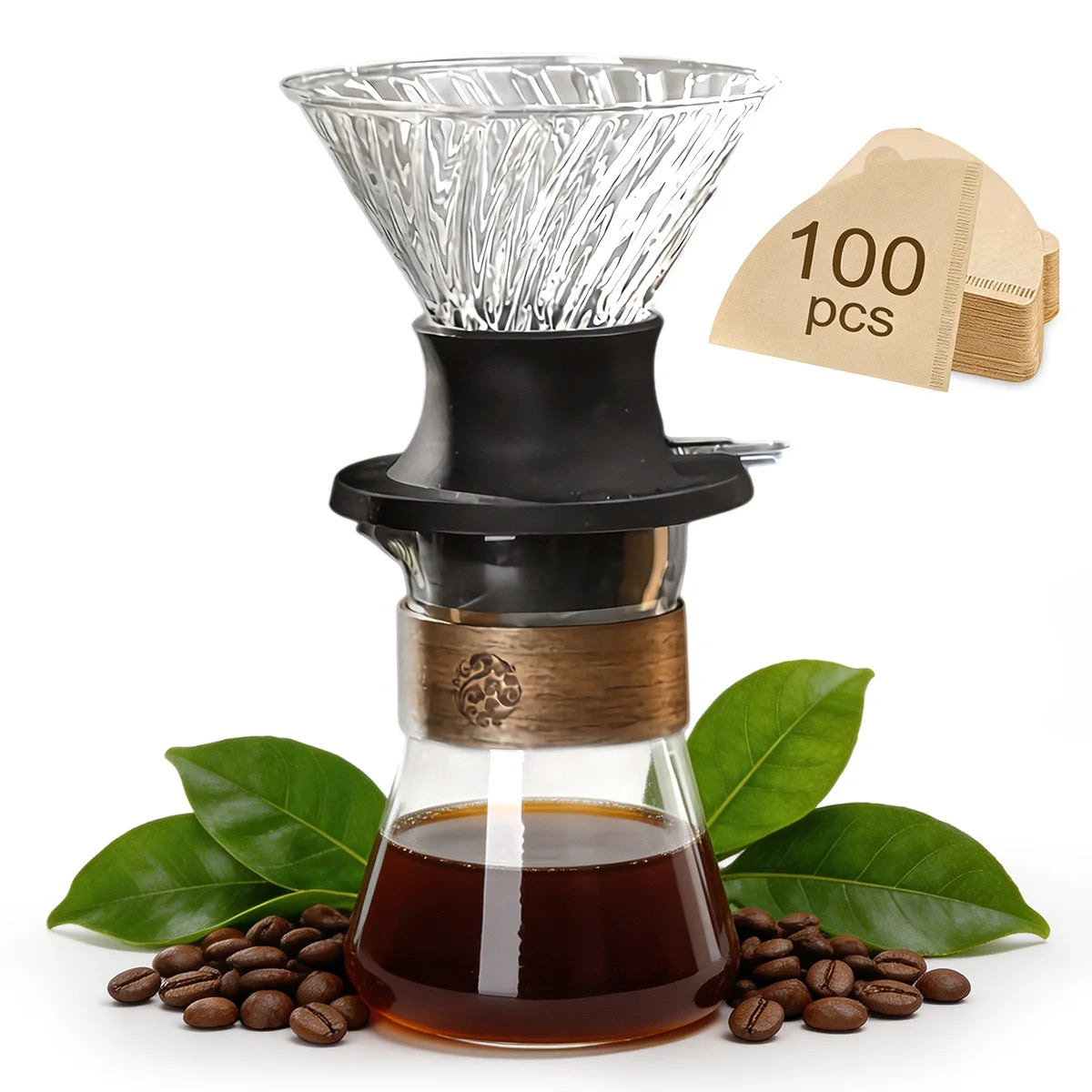 Pour Over Coffee Maker Set, Portable Coffee Pot Filter- Include Borosilicate Glass Coffee Sharing Pot, 100pcs Paper Filter Peaceful Pleasures Health and Wellness