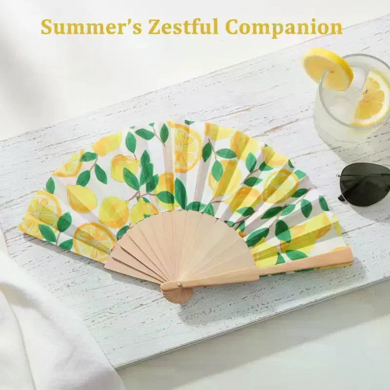 Lemon Print Folding Hand Fan – Summer, Wedding & Party Decor