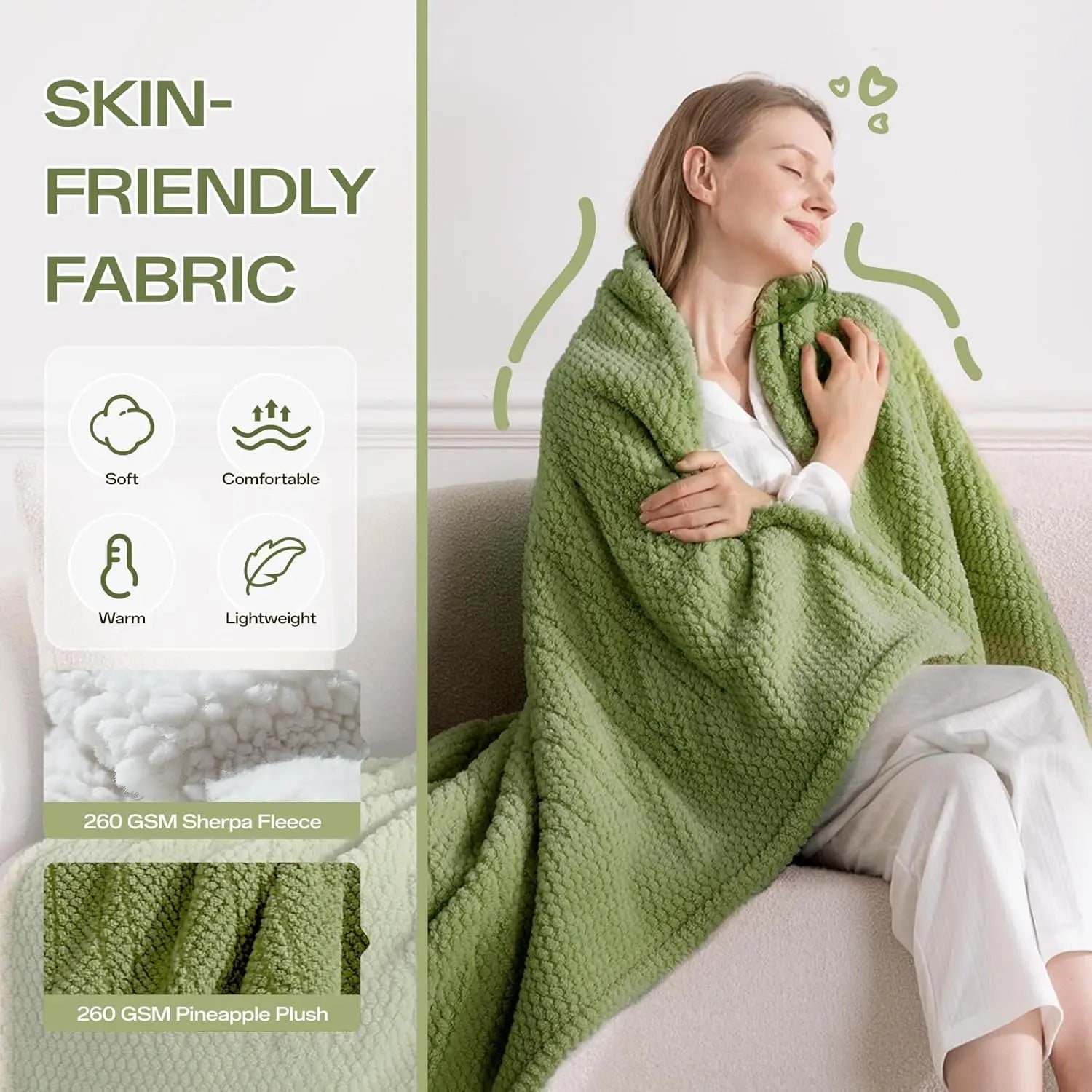 Queen Size Heated Electric Blanket, Sherpa, Dual Control, 8 Heat Levels, Auto-Off Electric Heated Blanket Peaceful Pleasures Health and Wellness