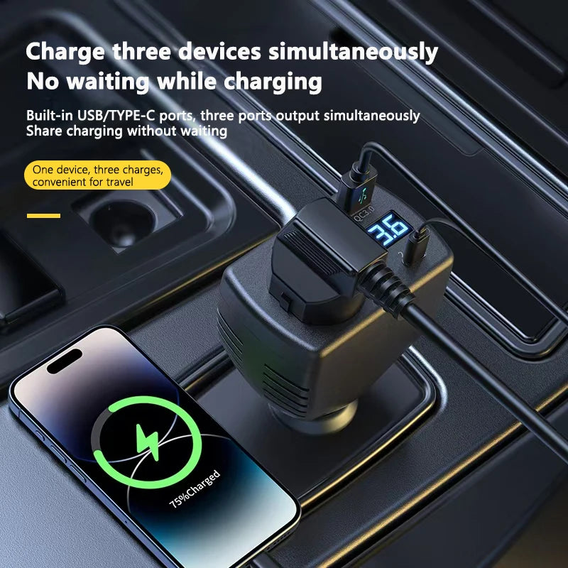 150W Car Power Inverter DC 12V to AC 220V Adapter with QC3.0 USB-C Charger Digital Display 3-in-1 Multi-Port Car Charger Peaceful Pleasures Health and Wellness
