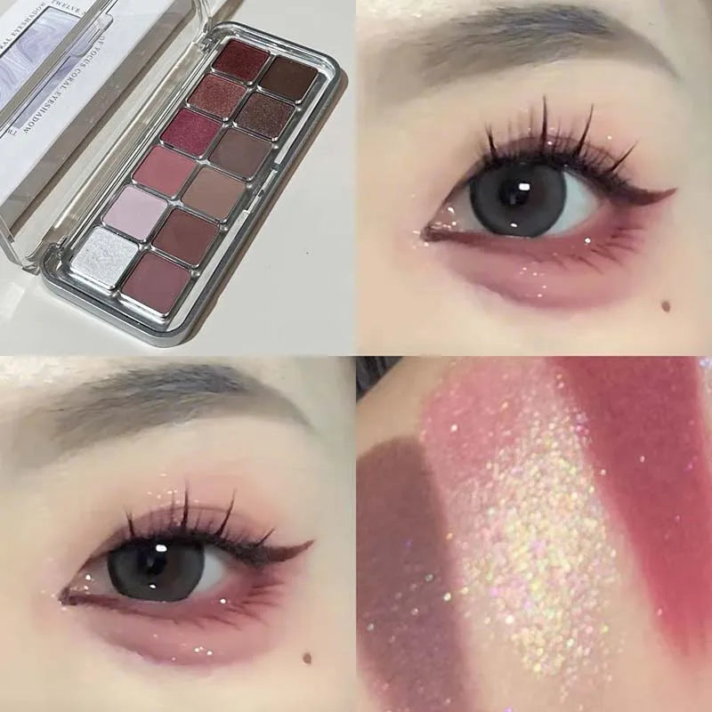 12-Color Glitter Matte Eyeshadow Palette – Rose Wine Brown Pink