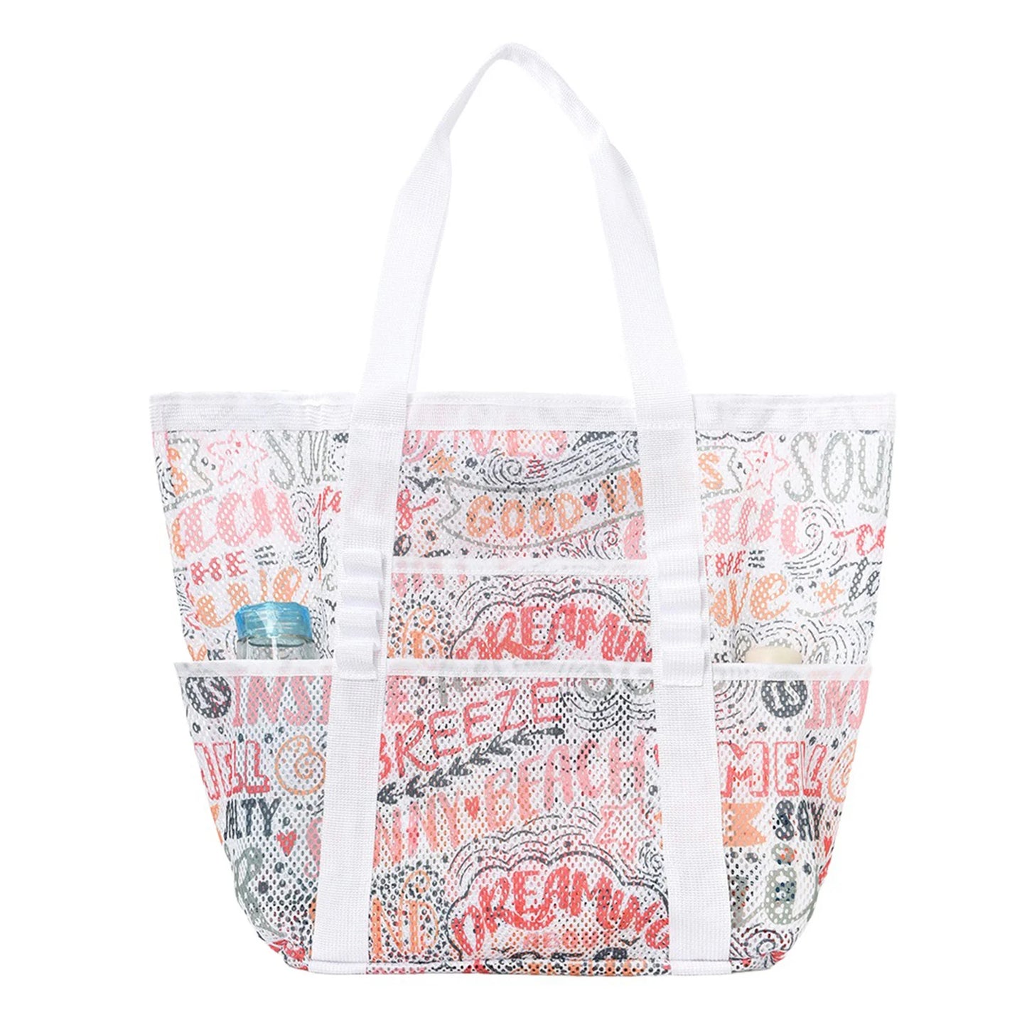 Mesh Beach Bags Beach Tote Bag With Multi Pockets Large Capacity Travel Tote Handbag Swim Pool Bag Multifunctional Storage Bag Peaceful Pleasures Health and Wellness Letter Print
