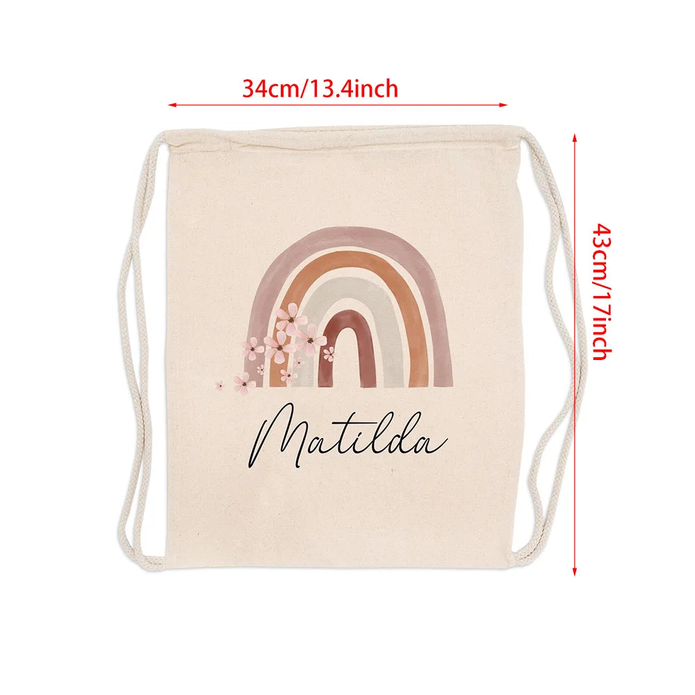 Personalized Kids Rainbow Drawstring Gym Bag | Custom Name Gift Kids Drawstring Backpack Peaceful Pleasures Health and Wellness