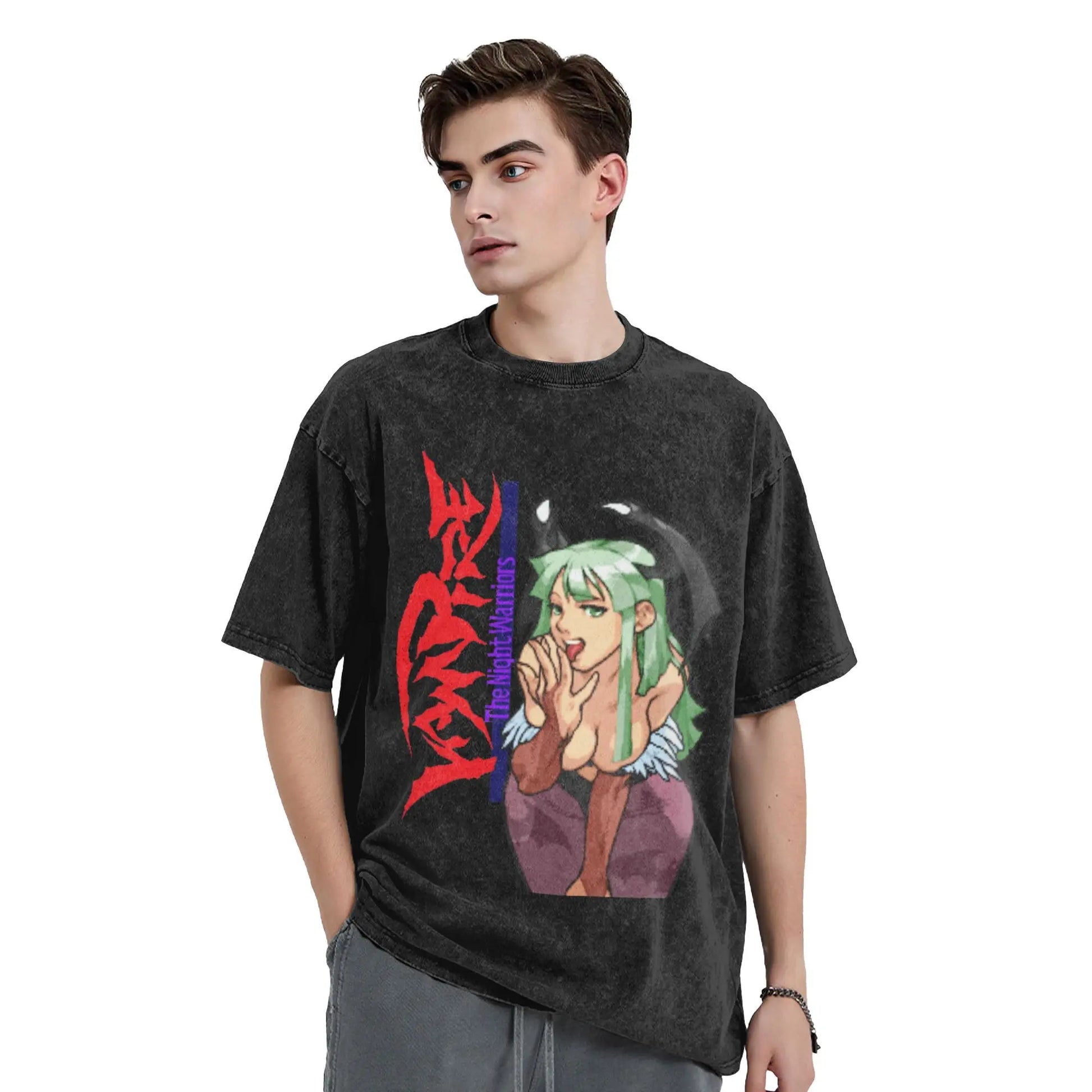 Darkstalkers Men's T Shirt Washed Morrigan Fashion Tee Shirt Short Sleeve Round Collar T-Shirts Cotton Gift Idea Tops Peaceful Pleasures Health and Wellness