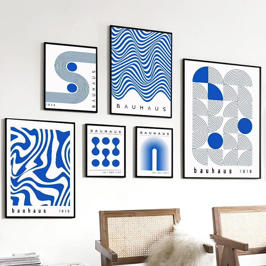 Mid Century Modern Blue Bauhaus Abstract Canvas Wall Art Print