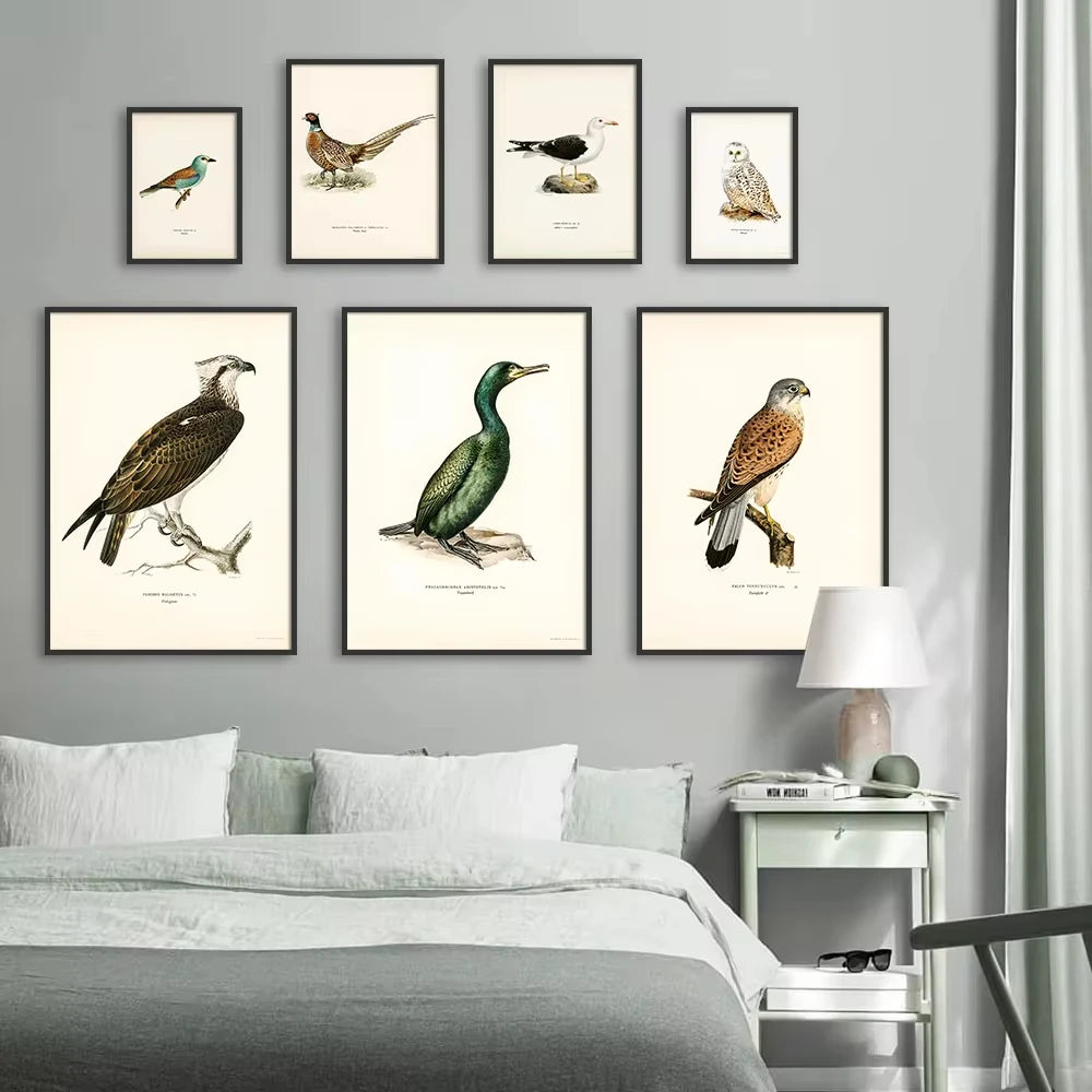 Retro Birds Poster and Print Vertebrate Canvas Painting Cormorant Bird Wall Picture Realism Art Mural Home Decor for Living Room Peaceful Pleasures Health and Wellness