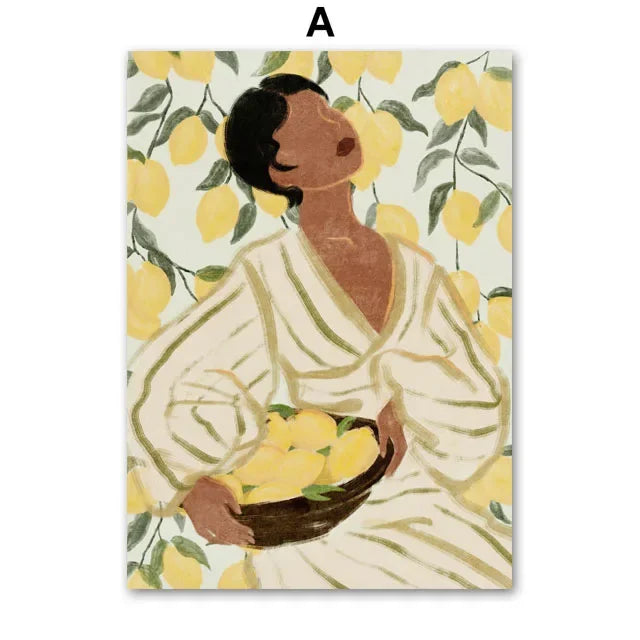Retro Pajama Girl Lemon Flowers Vase Abstract Gallery Poster And Prints Wall Art Canvas Painting Pictures For Living Room Decor Peaceful Pleasures Health and Wellness 2 35x45cm