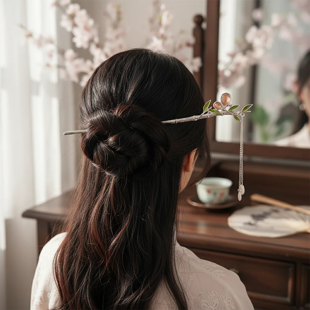 Green Bamboo Cat-Eye Tassel Hairpin For Hanfu And Ancient Style Dressing Peaceful Pleasures Health and Wellness
