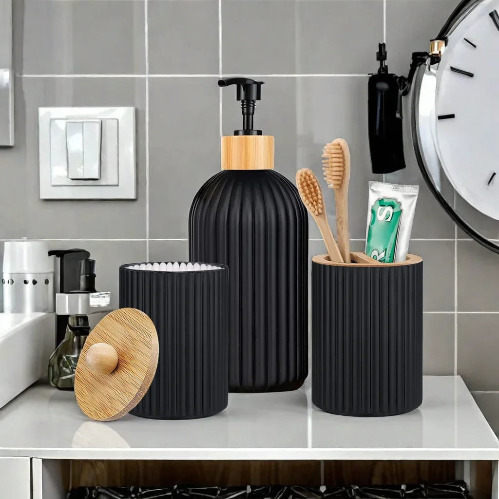 Bathroom Countertop Soap Dispenser – Plastic & Bamboo Organizer